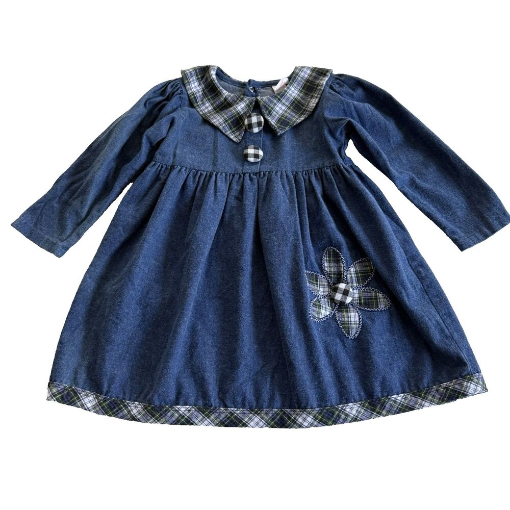 Vtg Buster Brown Girls 6 Denim School Dress Floral Plaid Accents Embroidered USA